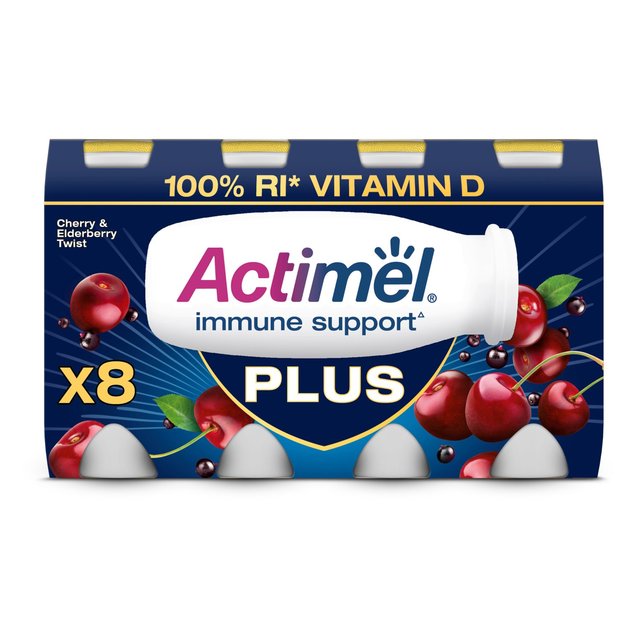 Actimel Plus 100% Vitamin D Cherry & Elderberry Immunity Yoghurt, 8 x 100g