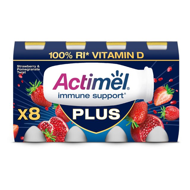 Actimel Plus 100% Vitamin D Strawberry & Pomegranate Immunity Yoghurt, 8 x 100g