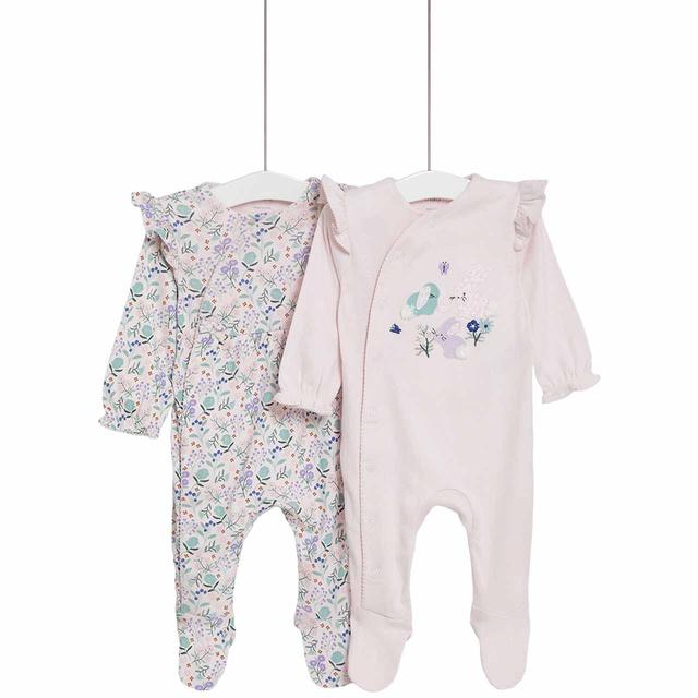 M & S Botanical Sleepsuits, Newborn, Pink, 2 per Pack