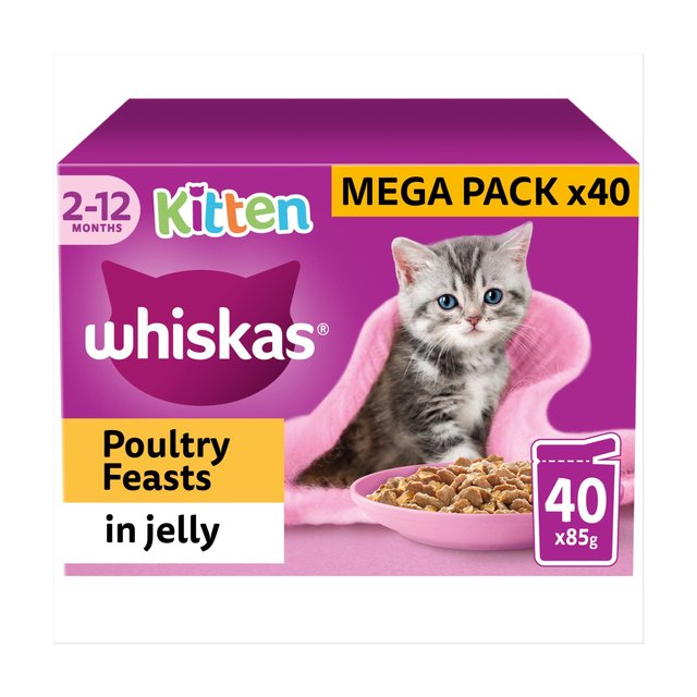 Whiskas Kitten 2-12mths Wet Cat Food Pouches Poultry Feasts in Jelly, 40 x 85g