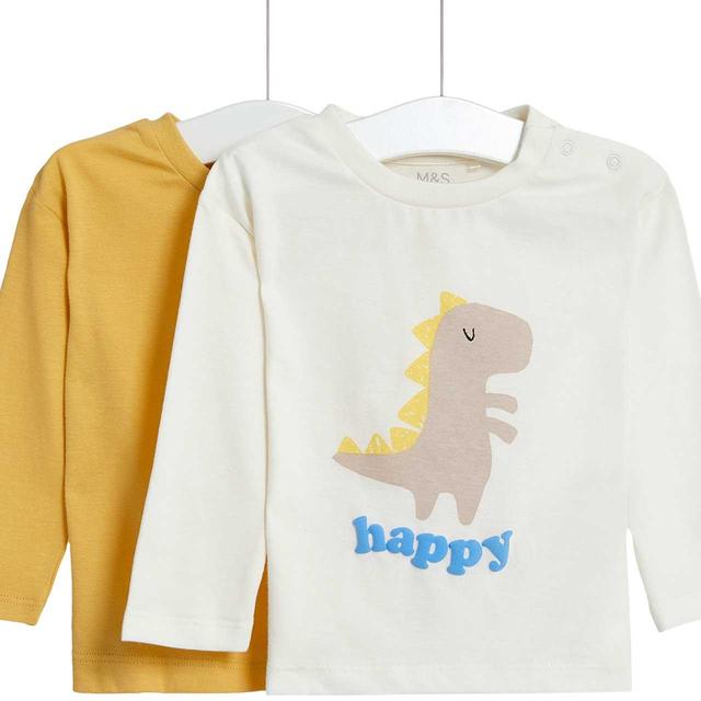 M & S Cotton 2pk Dino Graphic Long Sleeve Tops 3-6 M Multi, 2 per Pack