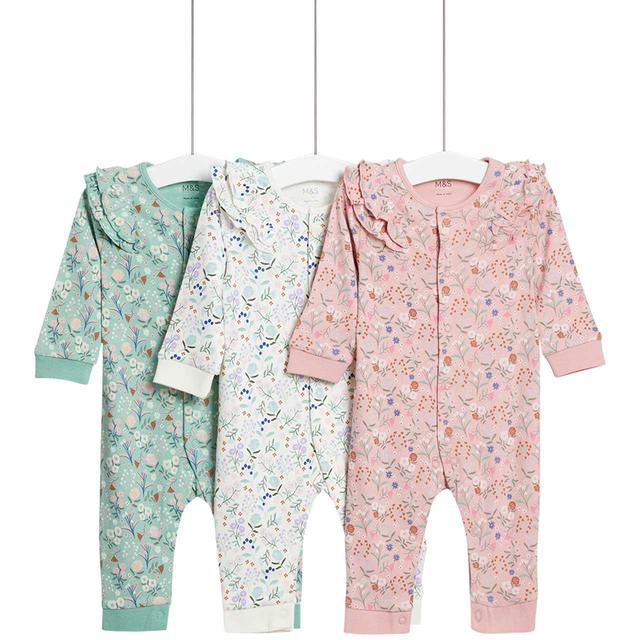 M & S Girls Pure Cotton Floral Sleepsuits, 0-3 Months, Pink, 3 per Pack