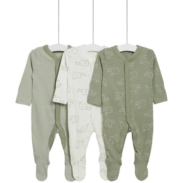 M & S Whale Sleepsuits, Newborn, Green, 3 per Pack