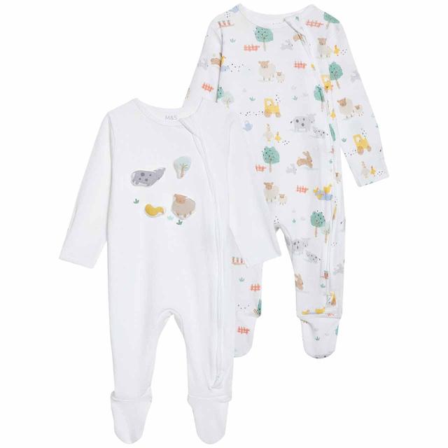 M & S Farmyard Sleepsuits, Newborn, White, 2 per Pack