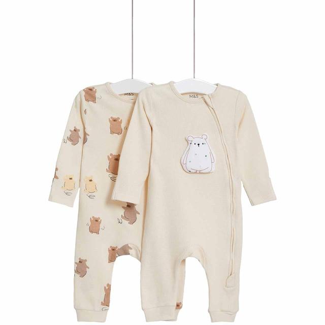 M & S Safari Sleepsuits, Newborn, Cream, 2 per Pack