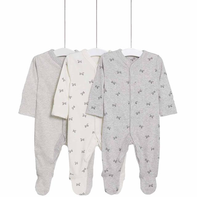 M & S Unisex Pure Cotton Dog & Striped Sleepsuits, Newborn, Grey Marl, 3 per Pack
