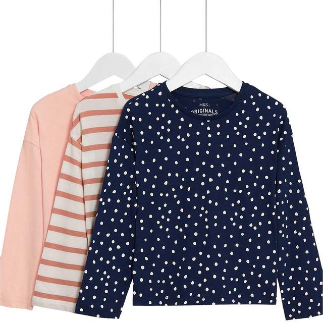 M & S Girls Pure Cotton Patterned Tops, 3-4 Years, Multi, 3 per Pack