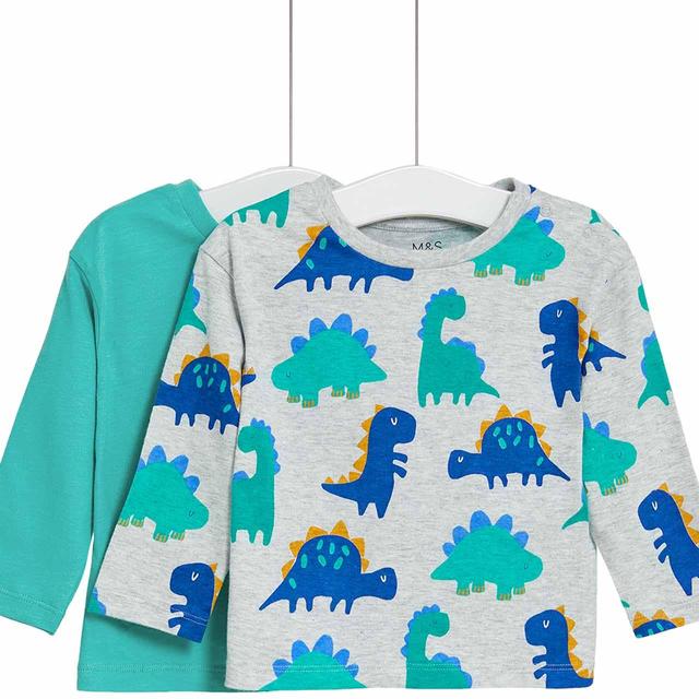 M & S Dino Long Sleeve Tops, 0-3 Months, 2 per Pack