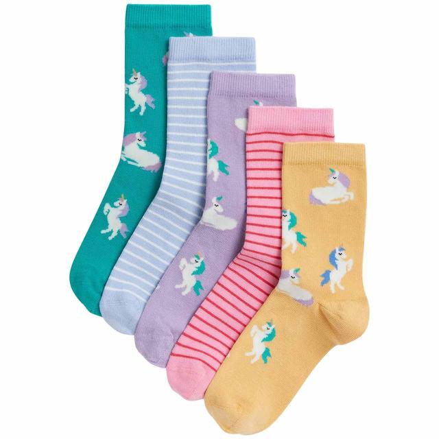 M & S Girls Cotton Unicorn & Striped Socks, Sizes Large 4-7, 5 per Pack