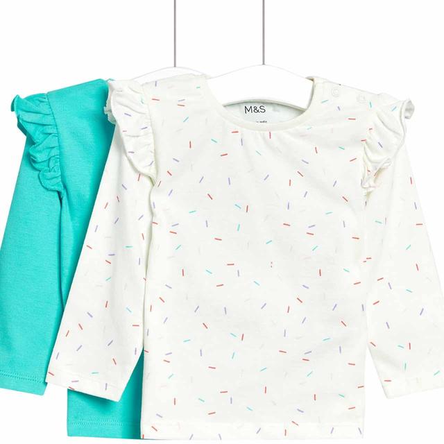 M & S Cotton Green Dash Print Tops, 2 Pack, 2-3 Years, 2 per Pack