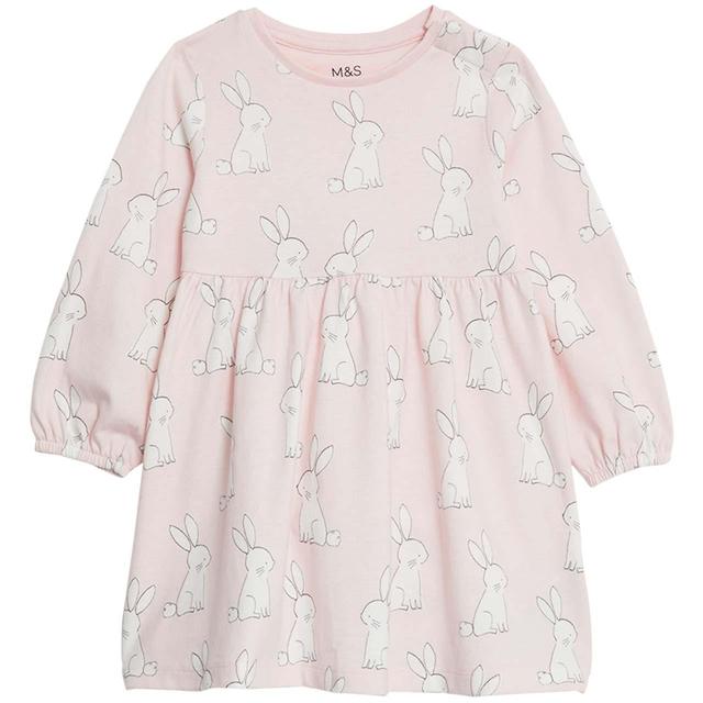 M & S Bunny Long Sleeve Dress, 3-6 Months, Blush