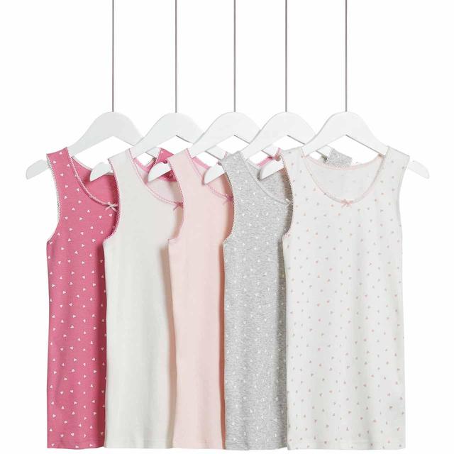 M & S Girls Pure Cotton Heart & Plain Vests, 5 Pack, 5-6 Years, Pink, 5 per Pack