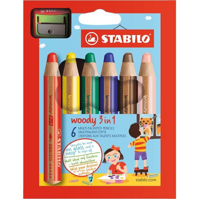Stabilo Woody 3 in 1 Colouring Pencils Wallet of 6 Colours + Sharpener, 6 Per Pack