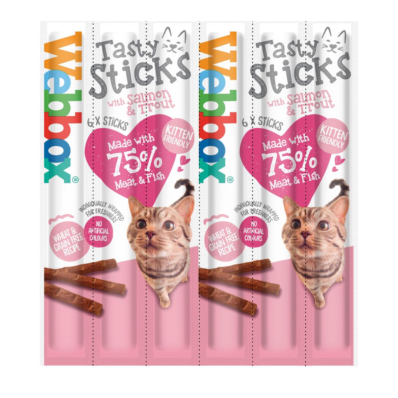 An image of Webbox Cats Delight 6 Tasty Sticks with Salmon & Trout