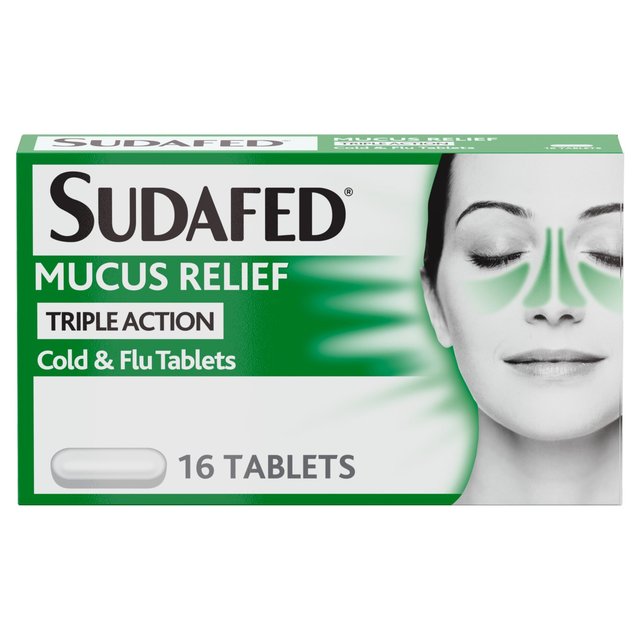 Sudafed Mucus Relief Triple Action Cold & Flu Tablets, 16 Per Pack