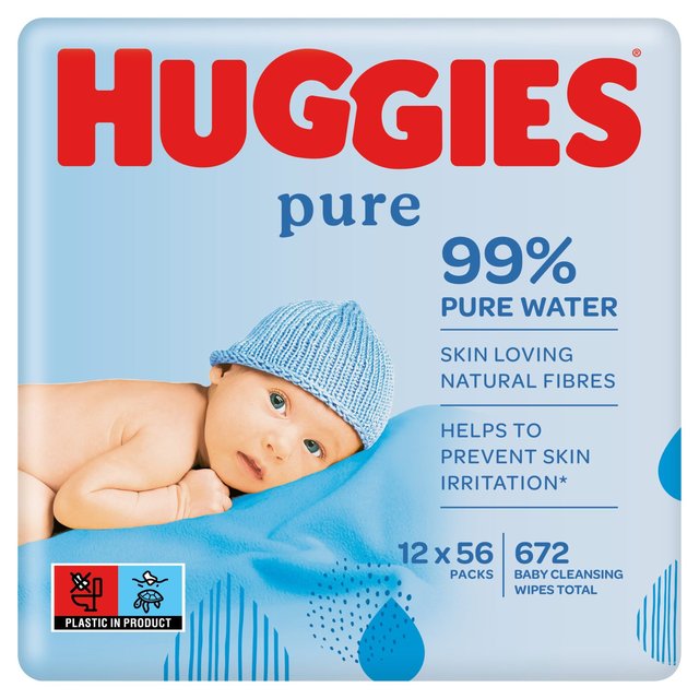 Huggies Pure 99% Water Baby Wipes, Jumbo Pack, 12 x 56 per Pack