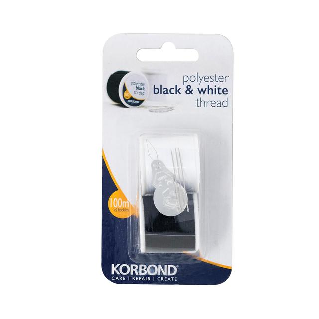 Korbond Polyester Thread Twin Pack Black & White, 100m Reels, 2 Per Pack